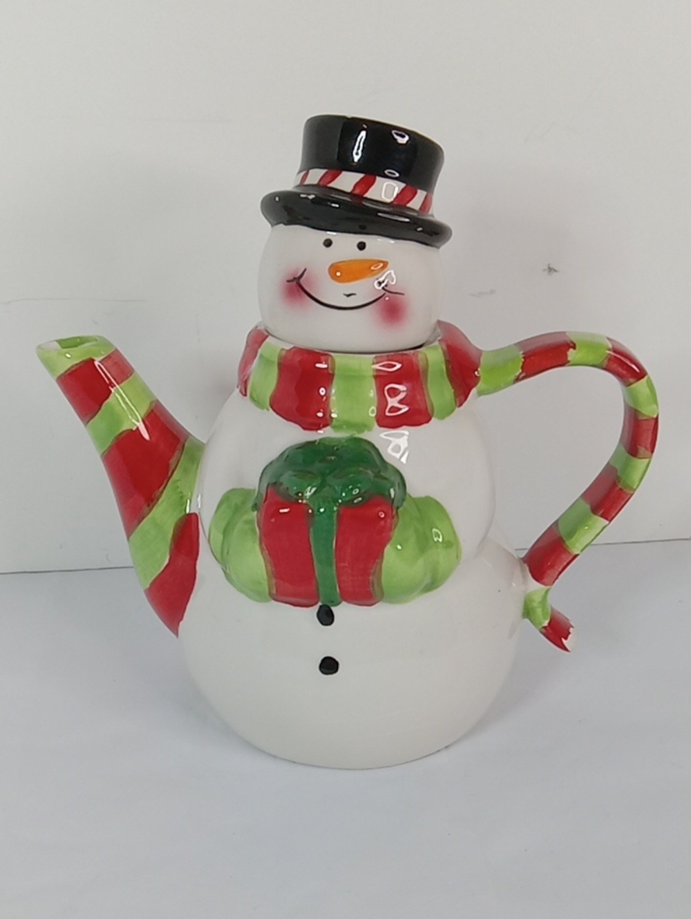 Pfaltzgraff Festive Cheerful Snowman Teapot - Red & Green Holiday Ceramic